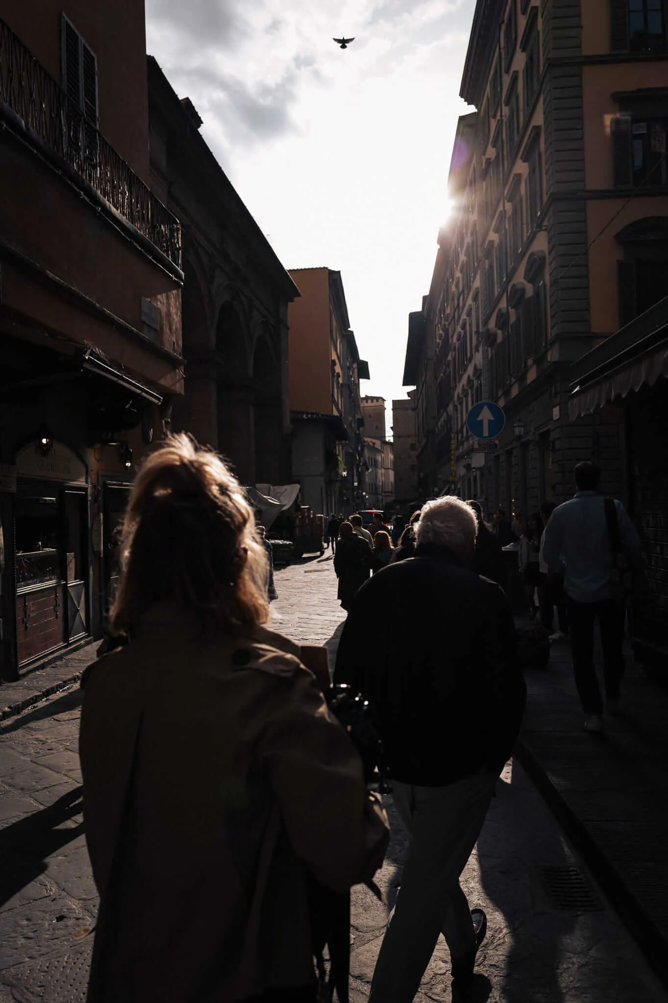 A narrow European street scene shot from behind pedestrians walking toward bright sunlight. Historic buildings with balconies and shutters line both sides of the cobblestone street, creating dramatic shadows and backlighting. A small bird flies overhead in the cloudy sky.