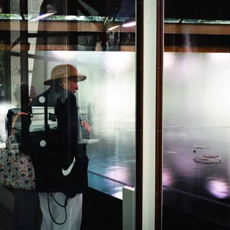 An elderly person wearing a straw hat and carrying a Nike bag and patterned tote bag stands before a glass exhibition case containing a large photographic artwork depicting lily pads on still water, their reflection merging with the artwork behind the glass.