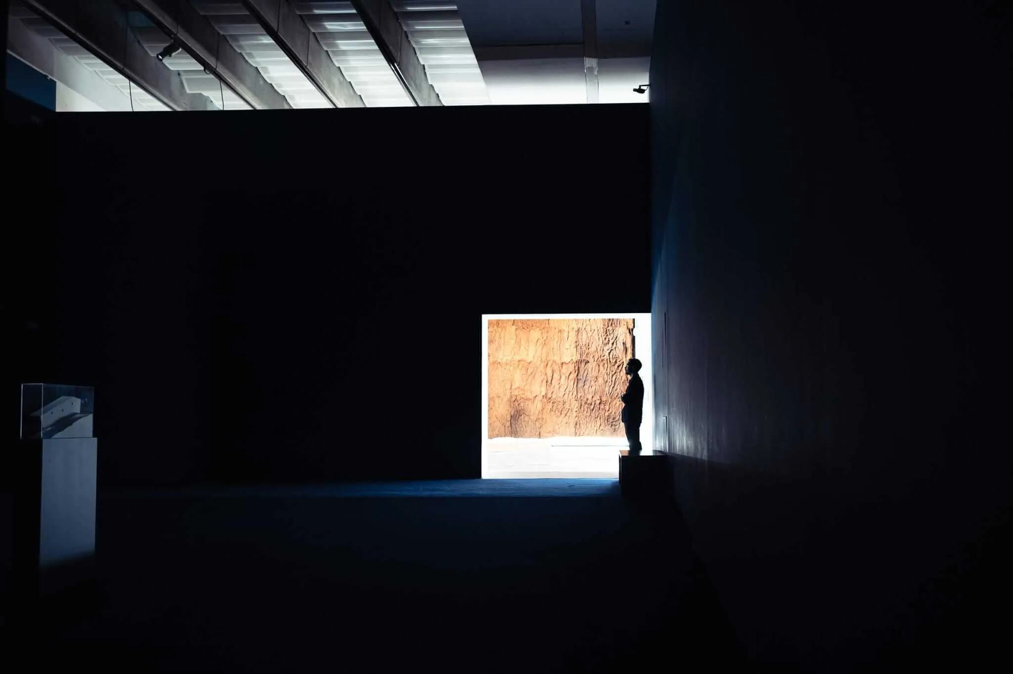 A lone silhouetted figure stands in a darkened museum gallery, gazing at a large illuminated artwork depicting a textured rock or earth surface, framed by a bright doorway at the end of a long, shadowy corridor.