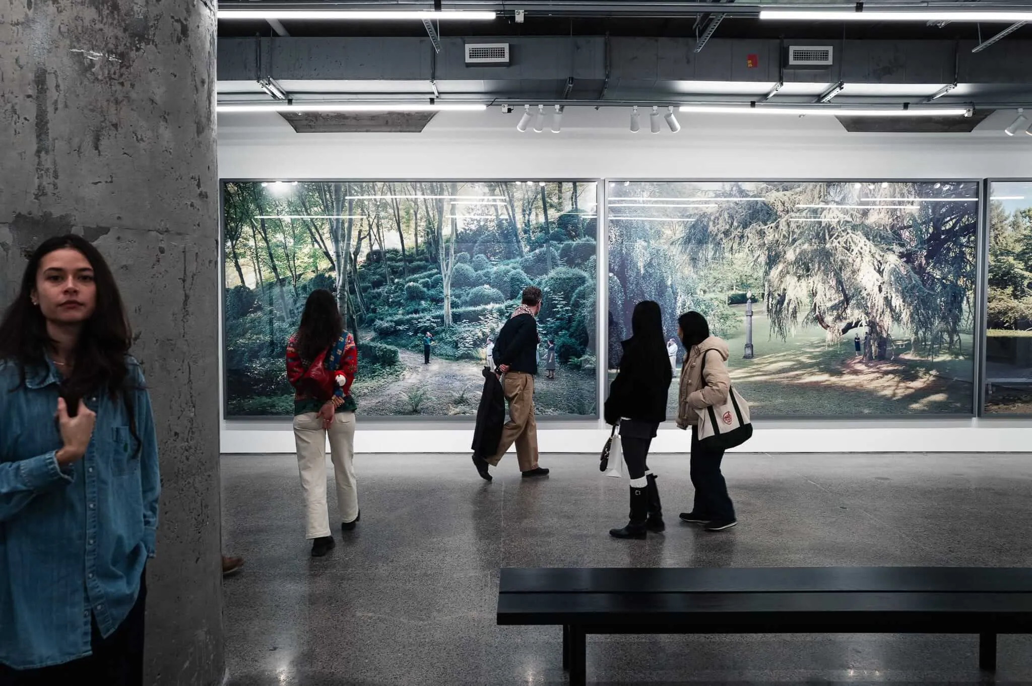A woman in a denim shirt stands beside a concrete pillar in a modern gallery space, while several visitors view large photographic prints of natural landscapes displayed on white walls. The industrial ceiling features exposed track lighting.